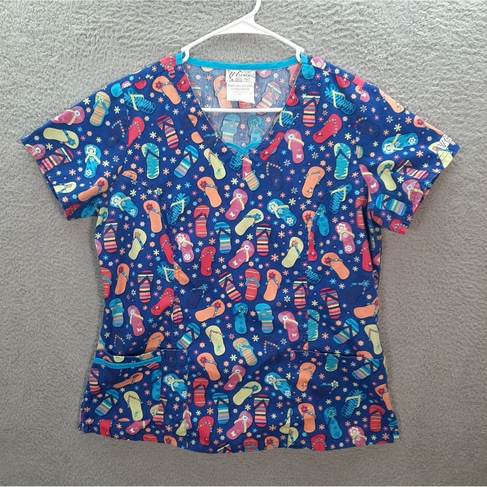 UA Scrubs Scrub Top Womens Medium Blue Flip Flop Fun Nurse Medical Dental Vet